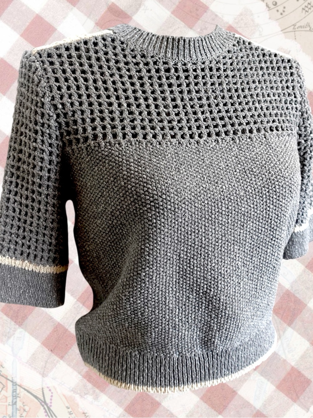 Central Park West Gray Openwork Yoke Short-Sleeve Knit Sweater